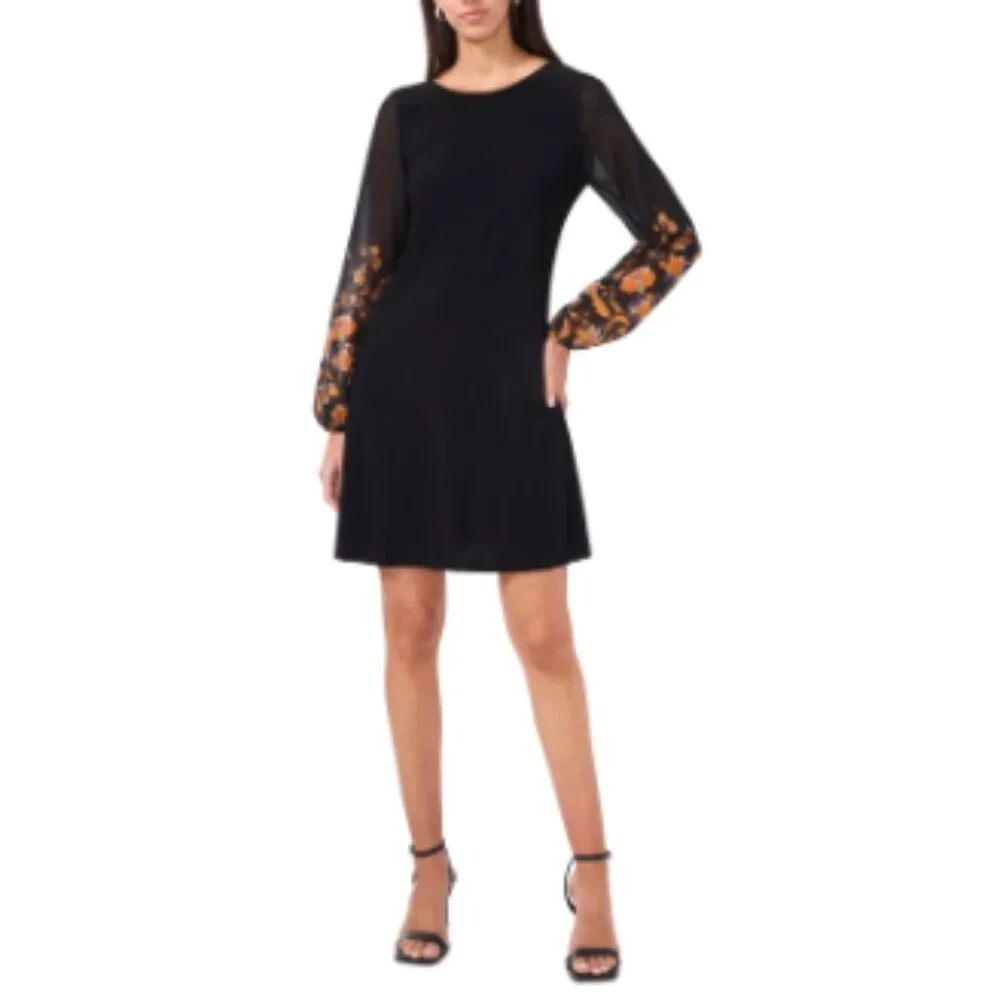 Msk Petite Round-Neck Contrast-Long-Sleeve Shift - Black 001 - Picture 1 of 4